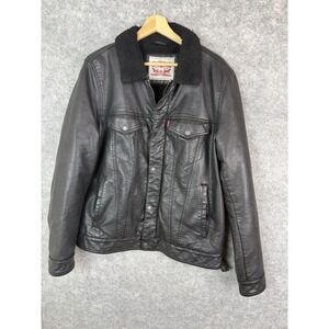 Levi's Jacket Men's Medium Faux Leather Sherpa Collar Trucker Black Fur Trim